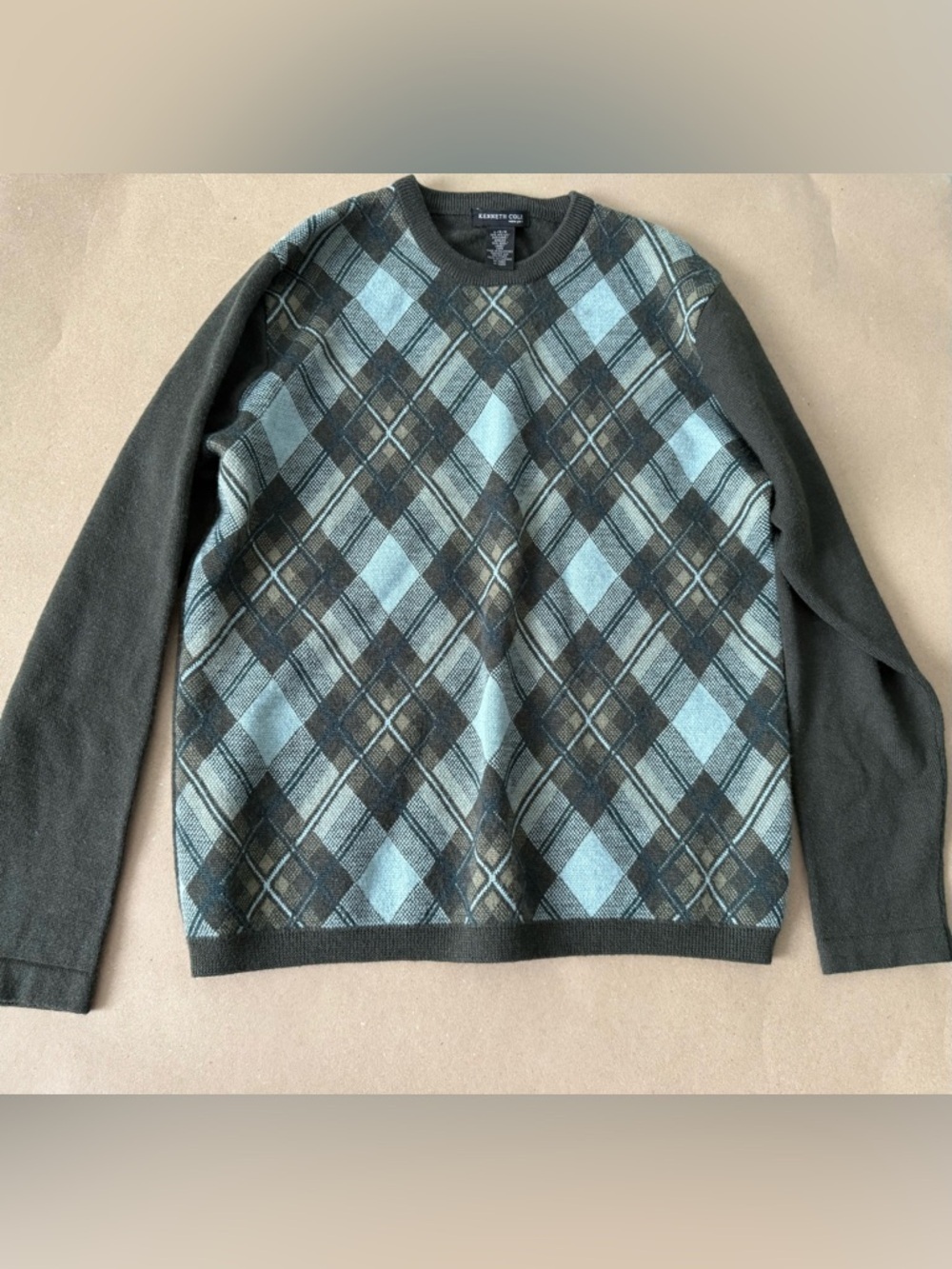 Kenneth Cole Crew neck Argyle Sweater Green Long Sleeve Pullover 50% Wool Sz L